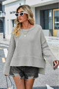 High-Low Slit Round Neck Long Sleeve Sweater - Hovatok