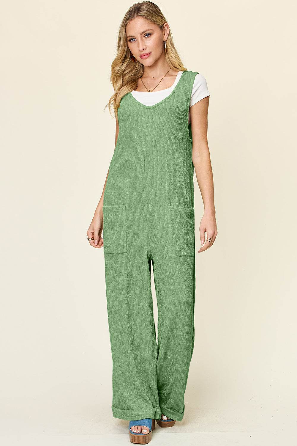 Double Take Full Size Texture Sleeveless Wide Leg Jumpsuit - Hovatok