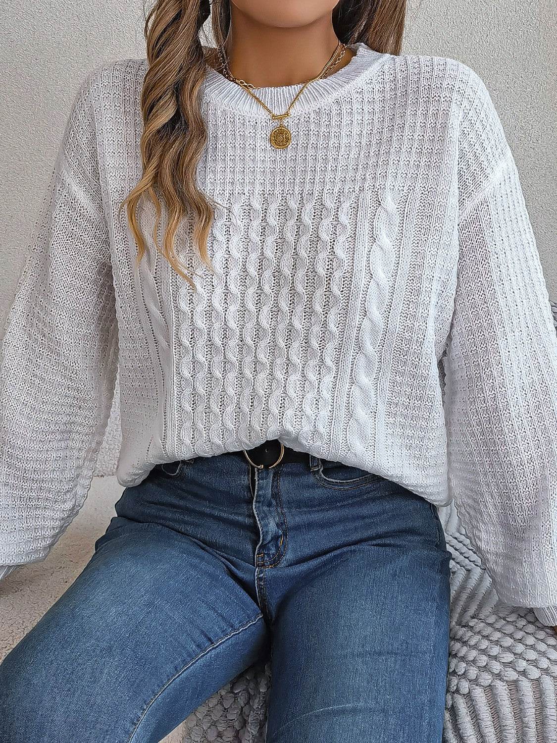 Cable-Knit Round Neck Long Sleeve Sweater - Hovatok
