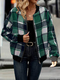 Plus Size Plaid Baseball Collar Zip Up Jacket - Hovatok