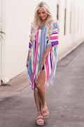 Striped Side Slit Open Front Cardigan - Hovatok