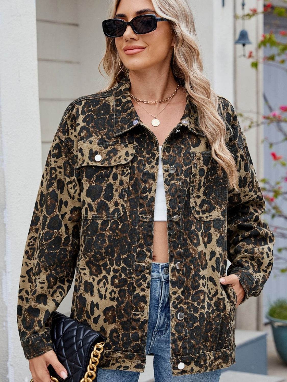 Pocketed Leopard Long Sleeve Denim Jacket - Hovatok