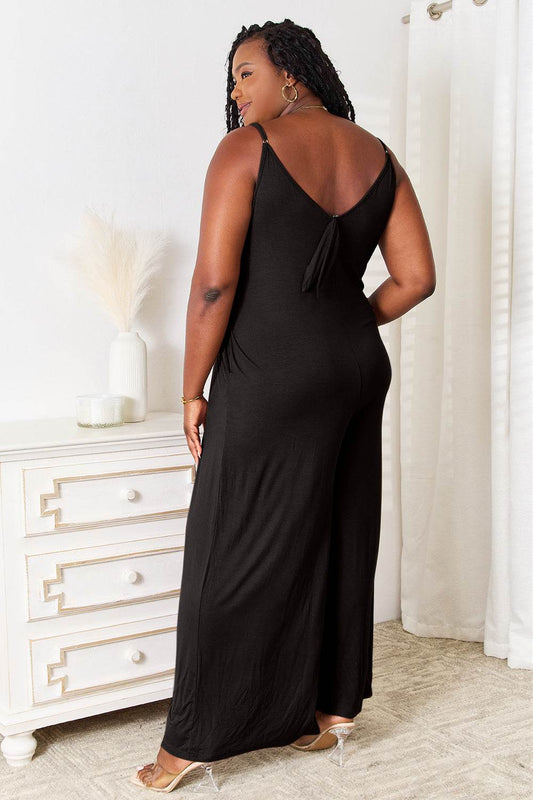 Double Take Full Size Soft Rayon Spaghetti Strap Tied Wide Leg Jumpsuit - Hovatok