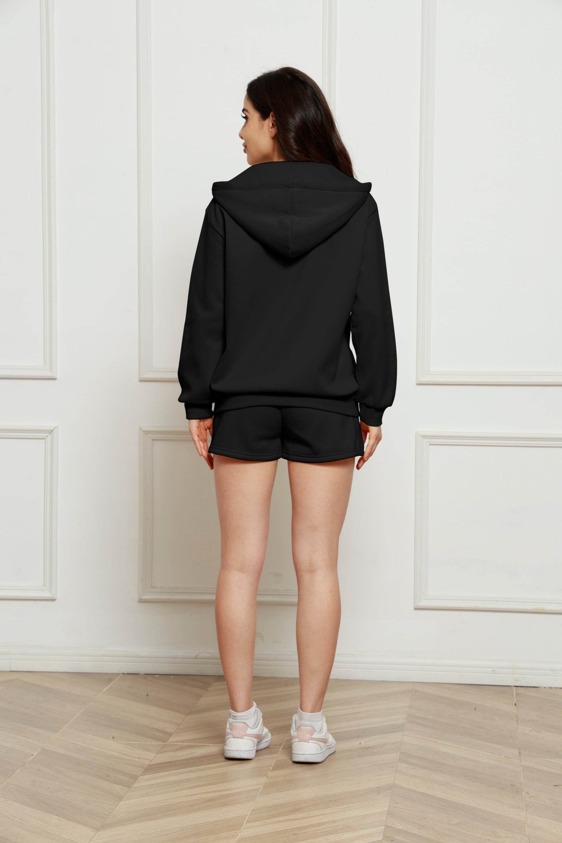 Zip Up Drawstring Hoodie and Shorts Set - Hovatok