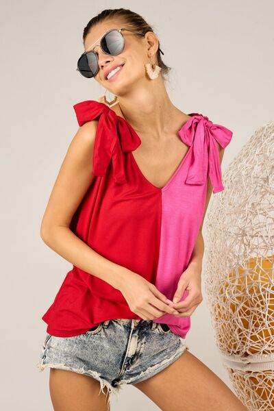 BiBi Shoulder Ribbon Tied Contrast Tank - Hovatok