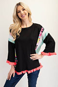 Celeste Full Size Ruffle Sleeve Color Block Top Plus Size - Hovatok
