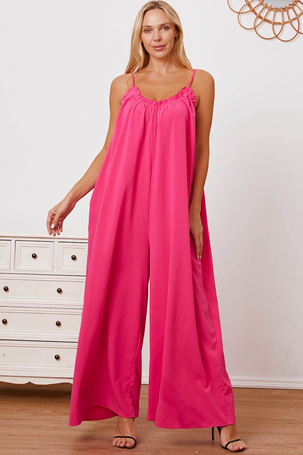Double Take Full Size Ruffle Trim Tie Back Cami Jumpsuit with Pockets - Hovatok