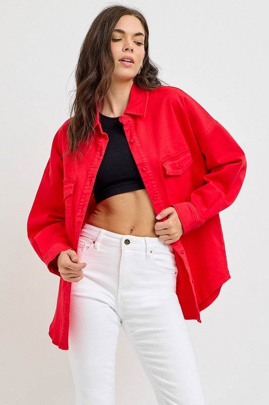 RISEN Button Down Long Sleeve Denim Shacket with Chest Pockets - Hovatok