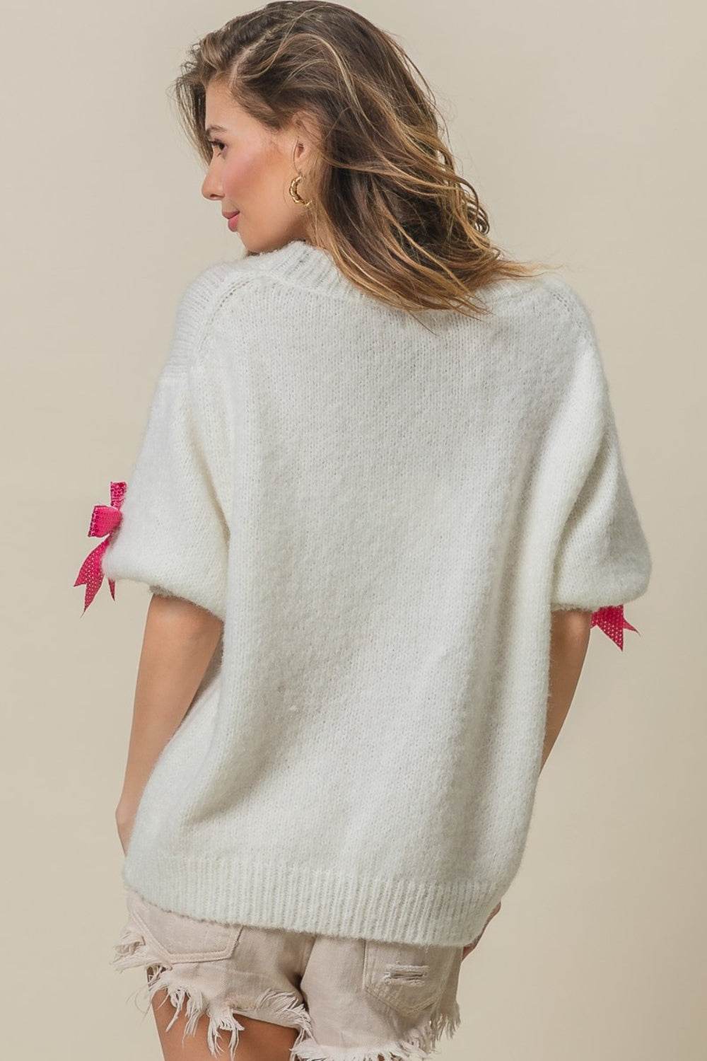 BiBi Sequin Bow Puff Sleeve Sweater - Hovatok