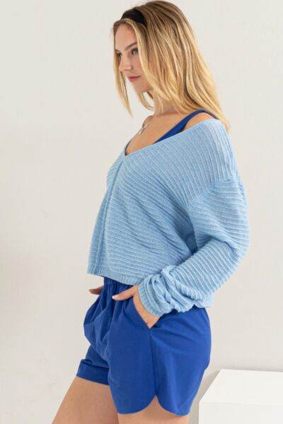 HYFVE V-Neck Stripe Texture Long Sleeve Top - Hovatok