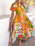 Devine Printed Johnny Collar Button Down Short Sleeve Midi Shirt Dress - Hovatok