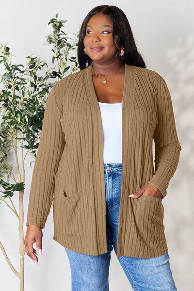 Basic Bae Full Size Ribbed Open Front Cardigan with Pockets - Hovatok