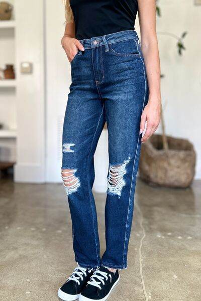 Judy Blue Full Size High Waist Rigid Magic Heavy Destroy Straight Jeans - Hovatok
