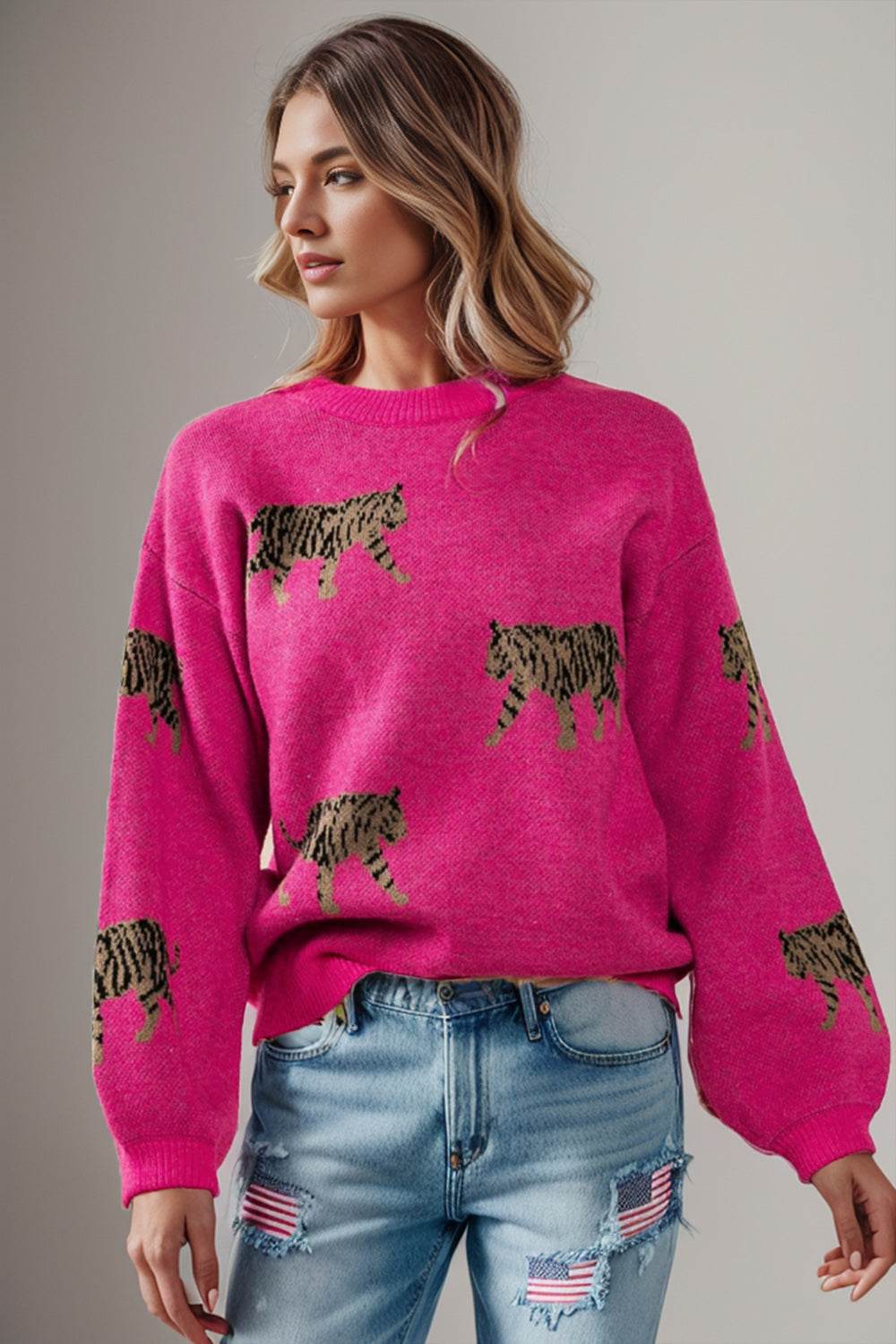 Tiger Pattern Round Neck Drop Shoulder Sweater - Hovatok