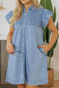 Smocked Collared Neck Cap Sleeve Denim Dress - Hovatok