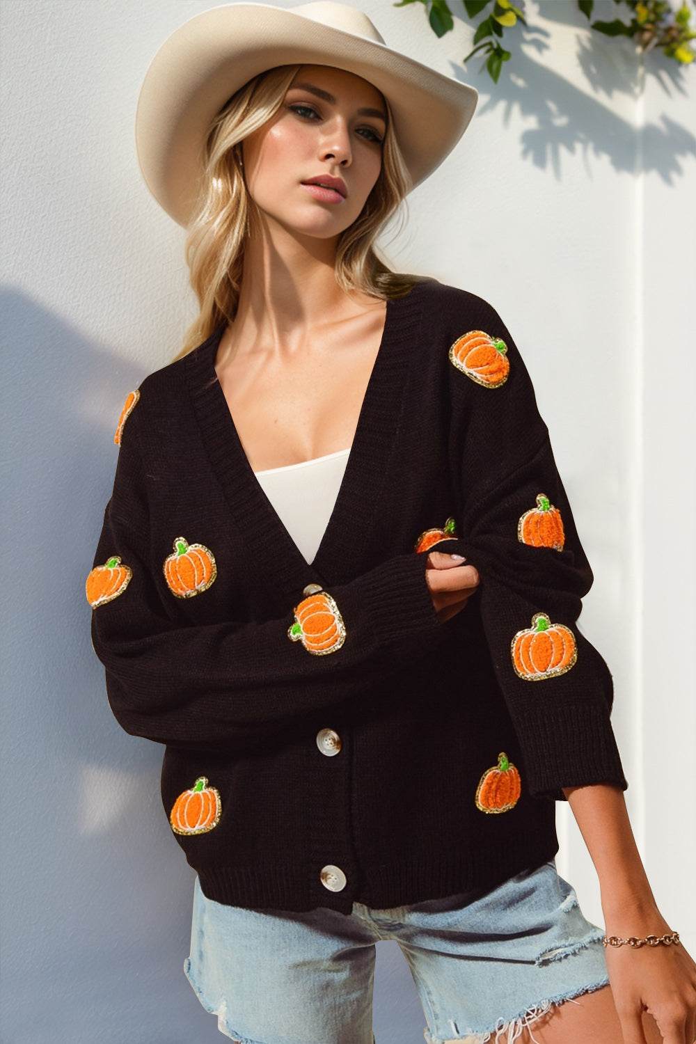 Double Take Full Size Pumpkin Button Up Long Sleeve Cardigan - Hovatok