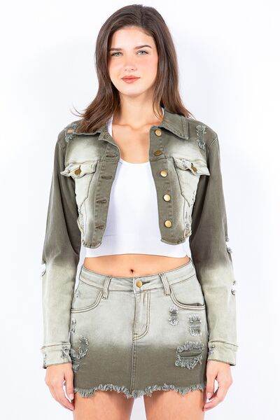 American Bazi Distressed Ombre Washed Cropped Denim Jacket - Hovatok
