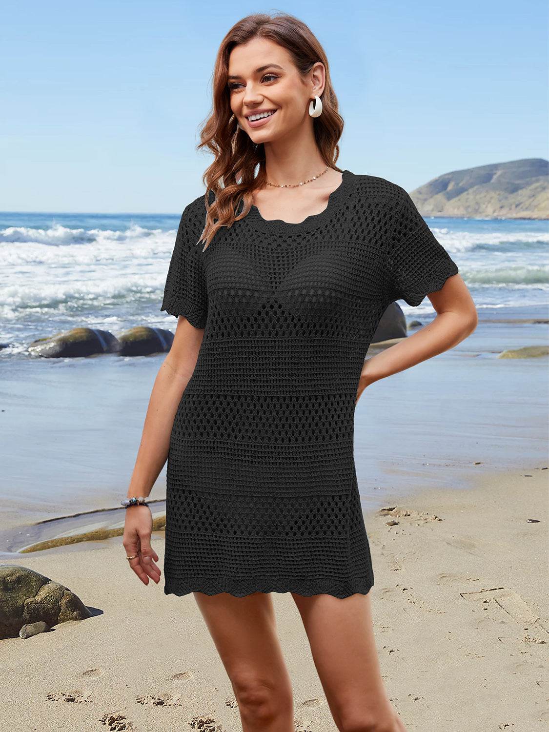 Openwork Round Neck Short Sleeve Cover-UP - Hovatok