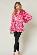 Double Take Full Size Printed Ruffle Trim Balloon Sleeve Shirt - Hovatok