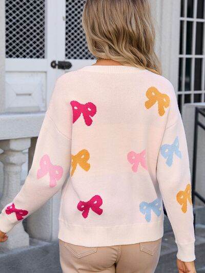 Angel Wings Bow Graphic Round Neck Long Sleeve Sweater - Hovatok