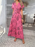 Devine Printed Notched Short Sleeve Wide Leg Jumpsuit - Hovatok