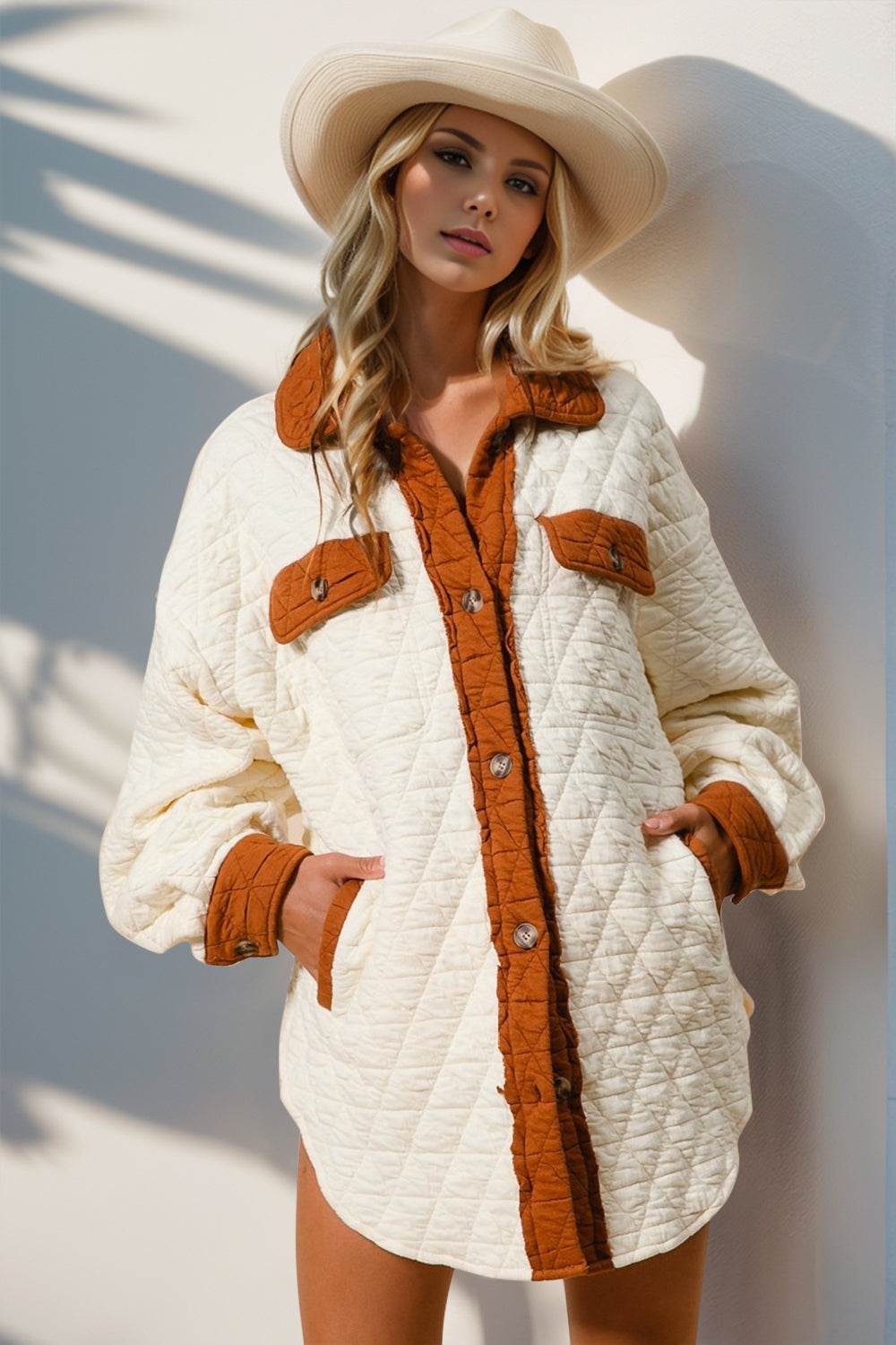 Double Take Full Size Contrast Button Up Quilted Shacket - Hovatok