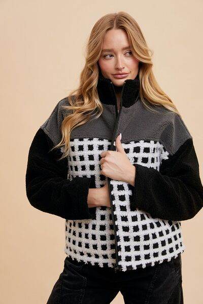 Annie Wear Plaid Zip Up Drop Shoulder Sherpa Jacket - Hovatok