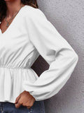 V-Neck Balloon Sleeve Peplum Blouse - Hovatok
