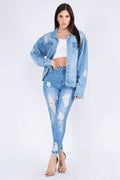 American Bazi Full Size Painted Back Distressed Denim Jacket - Hovatok