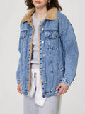 Button Up Collared Neck Plush Denim Jacket - Hovatok