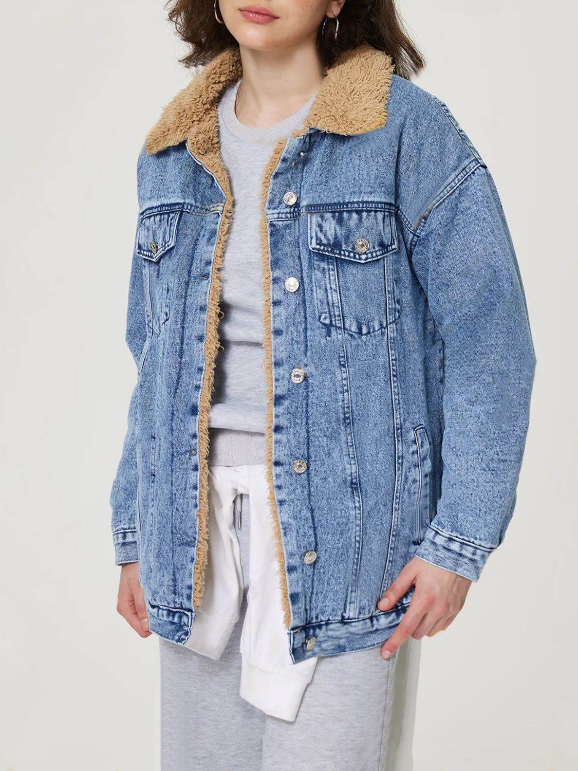 Button Up Collared Neck Plush Denim Jacket - Hovatok