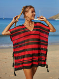 Angel Wings Tassel Openwork Striped V-Neck Cover Up - Hovatok