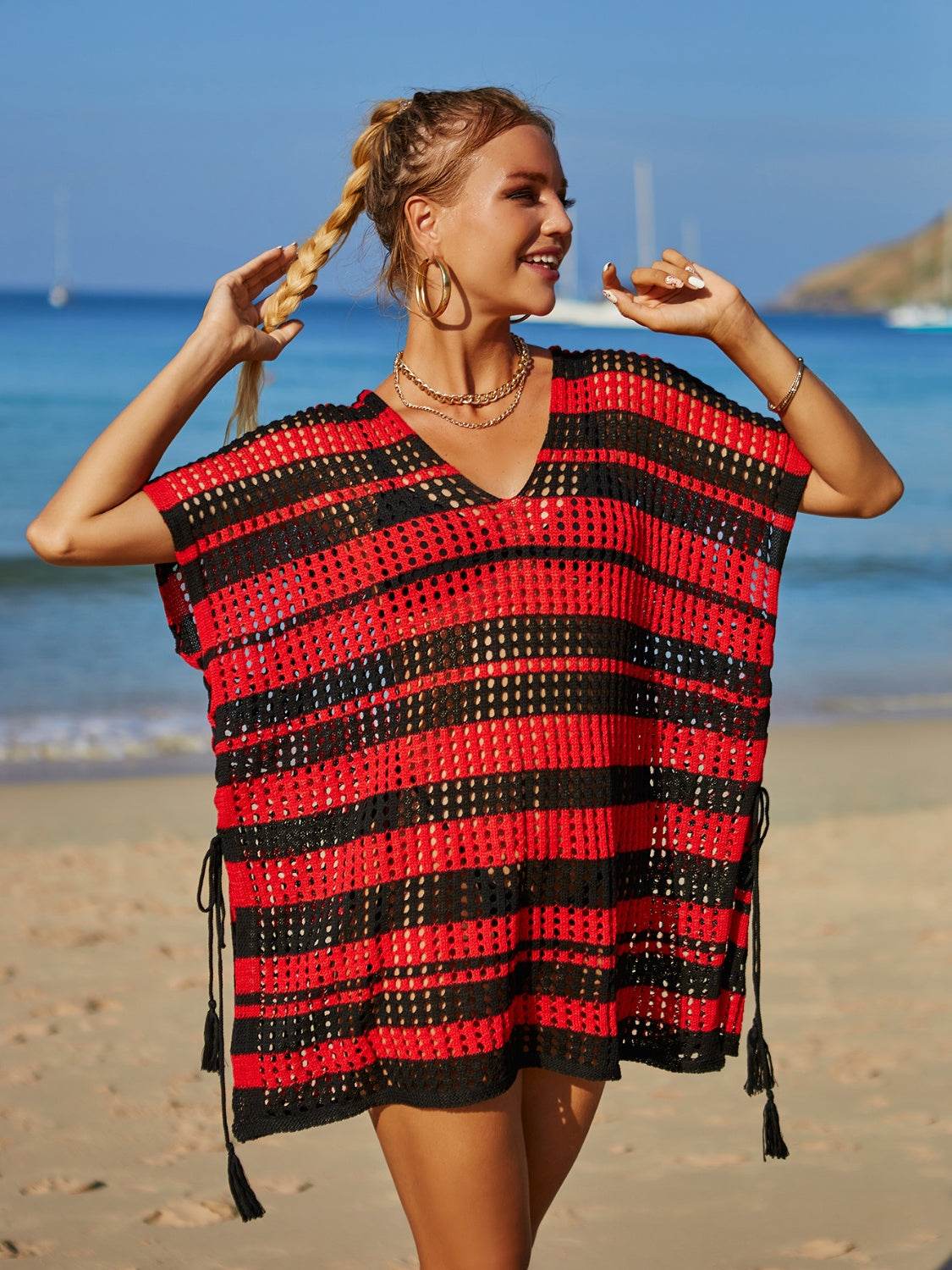 Angel Wings Tassel Openwork Striped V-Neck Cover Up - Hovatok