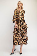 Celeste Full Size Leopard Asymmetrical Ruffle Midi Dress Plus Size - Hovatok