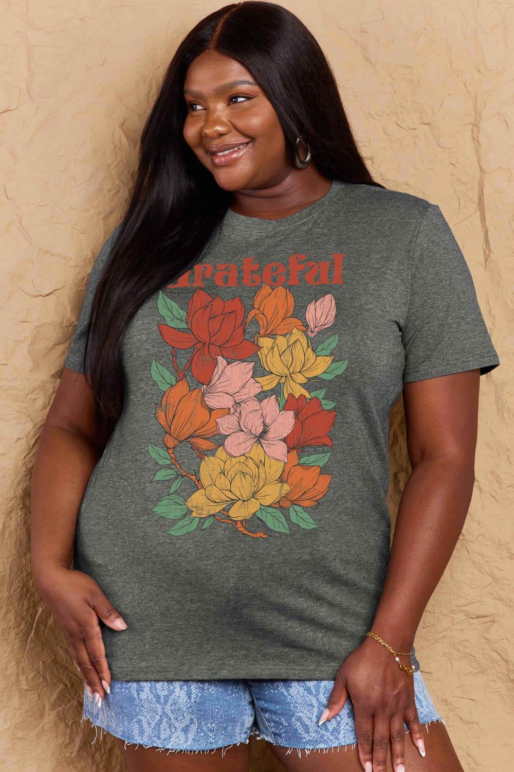 Simply Love Full Size GRATEFUL Flower Graphic Cotton T-Shirt - Hovatok
