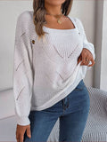 Openwork Buttoned Square Neck Sweater - Hovatok