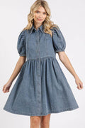 Mittoshop Button Down Puff Sleeve Denim Dress - Hovatok