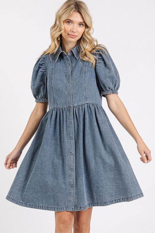 Mittoshop Button Down Puff Sleeve Denim Dress - Hovatok