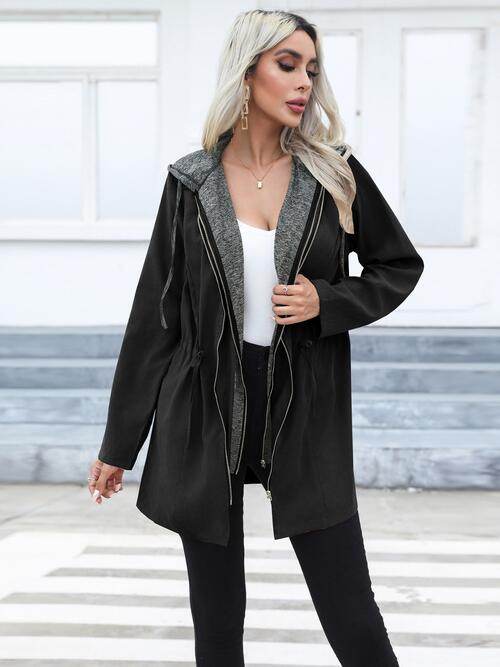 Zip Up Drawstring Hooded Trench Coat - Hovatok