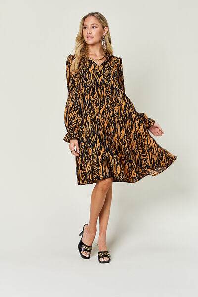 Double Take Full Size Printed Ruffle Hem Long Sleeve Dress - Hovatok