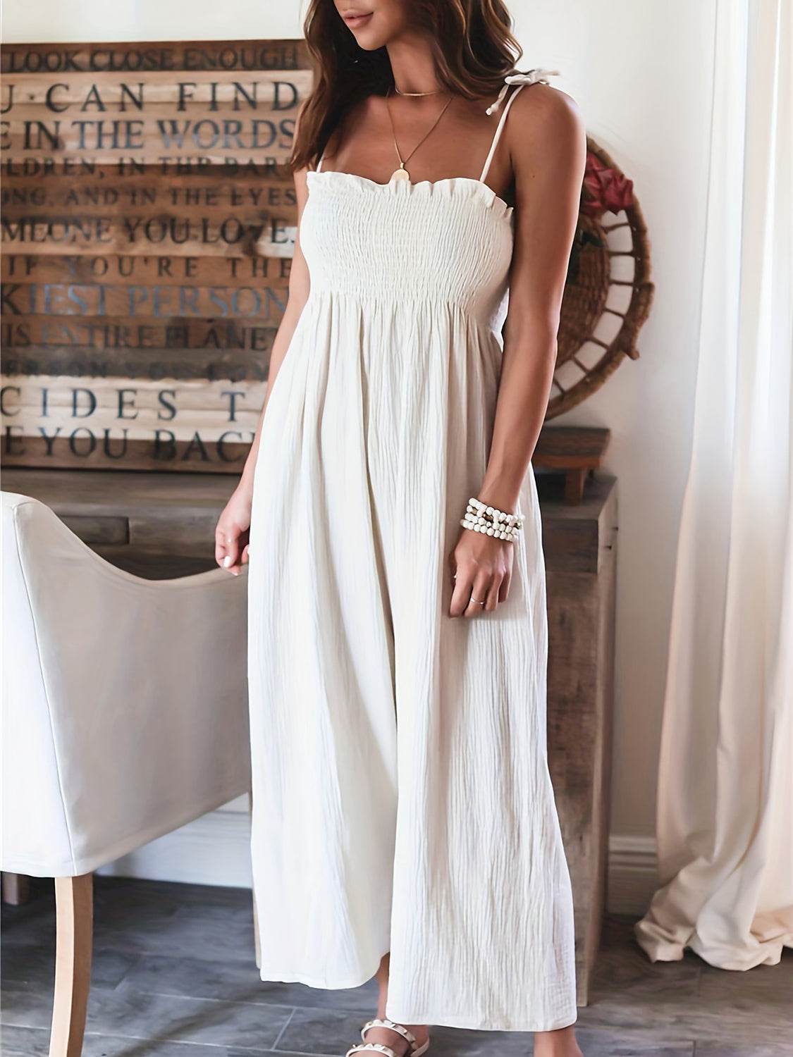 Full Size Smocked Spaghetti Strap Wide Leg Jumpsuit - Hovatok