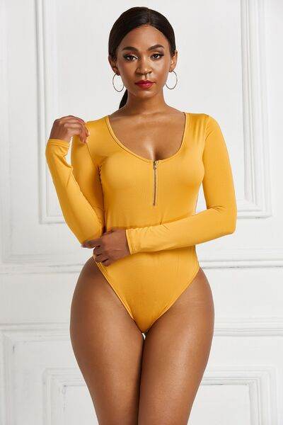 Half Zip Scoop Neck Long Sleeve Bodysuit - Hovatok