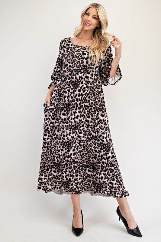Celeste Full Size Leopard Round Neck Flounce Sleeve Dress - Hovatok