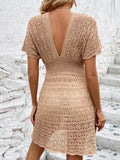Openwork Plunge Short Sleeve Cover-Up Dress - Hovatok