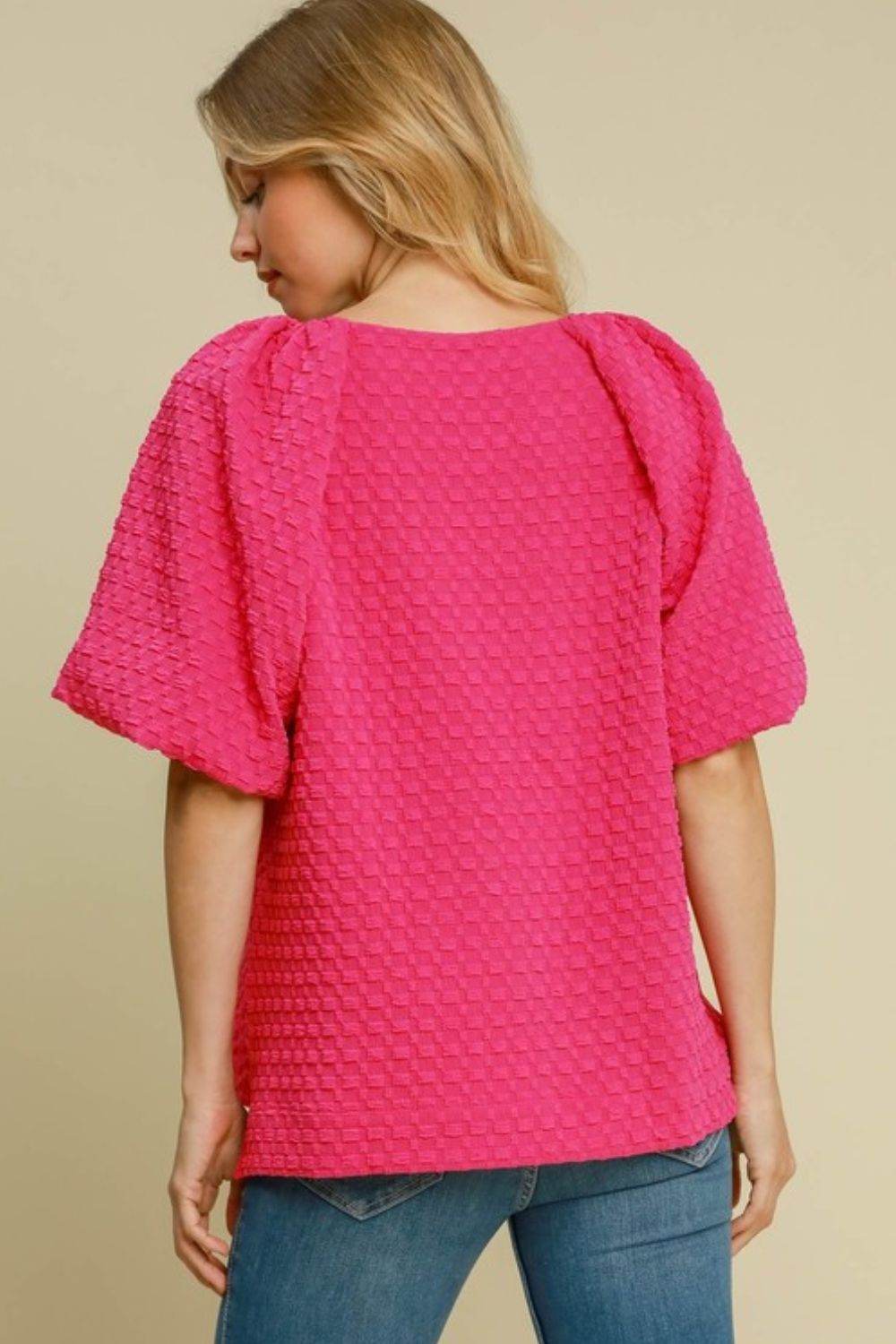 Umgee Full Size Boxy Cut Jacquard Round Neck Top with Side Slit Plus Size - Hovatok