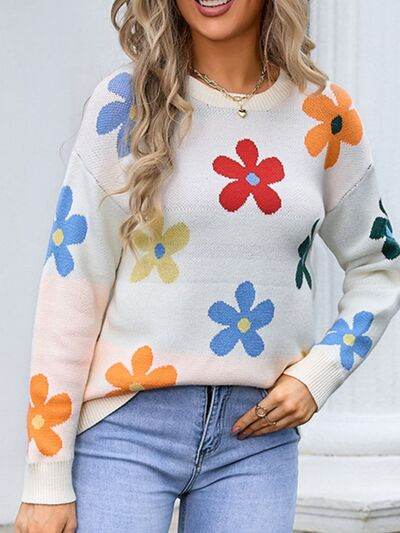 Angel Wings Flower Round Neck Long Sleeve Sweater - Hovatok