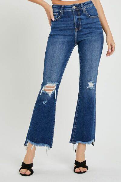 RISEN High Rise Distressed Crop Flare Jeans - Hovatok