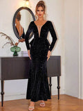 Ruffled Plunge Long Sleeve Dress - Hovatok