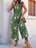 Perfee Printed Round Neck Cap Sleeve Wide Leg Jumpsuit - Hovatok