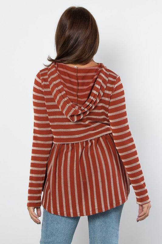 Be Stage Full Size Drawstring Striped Babydoll Hoodie - Hovatok
